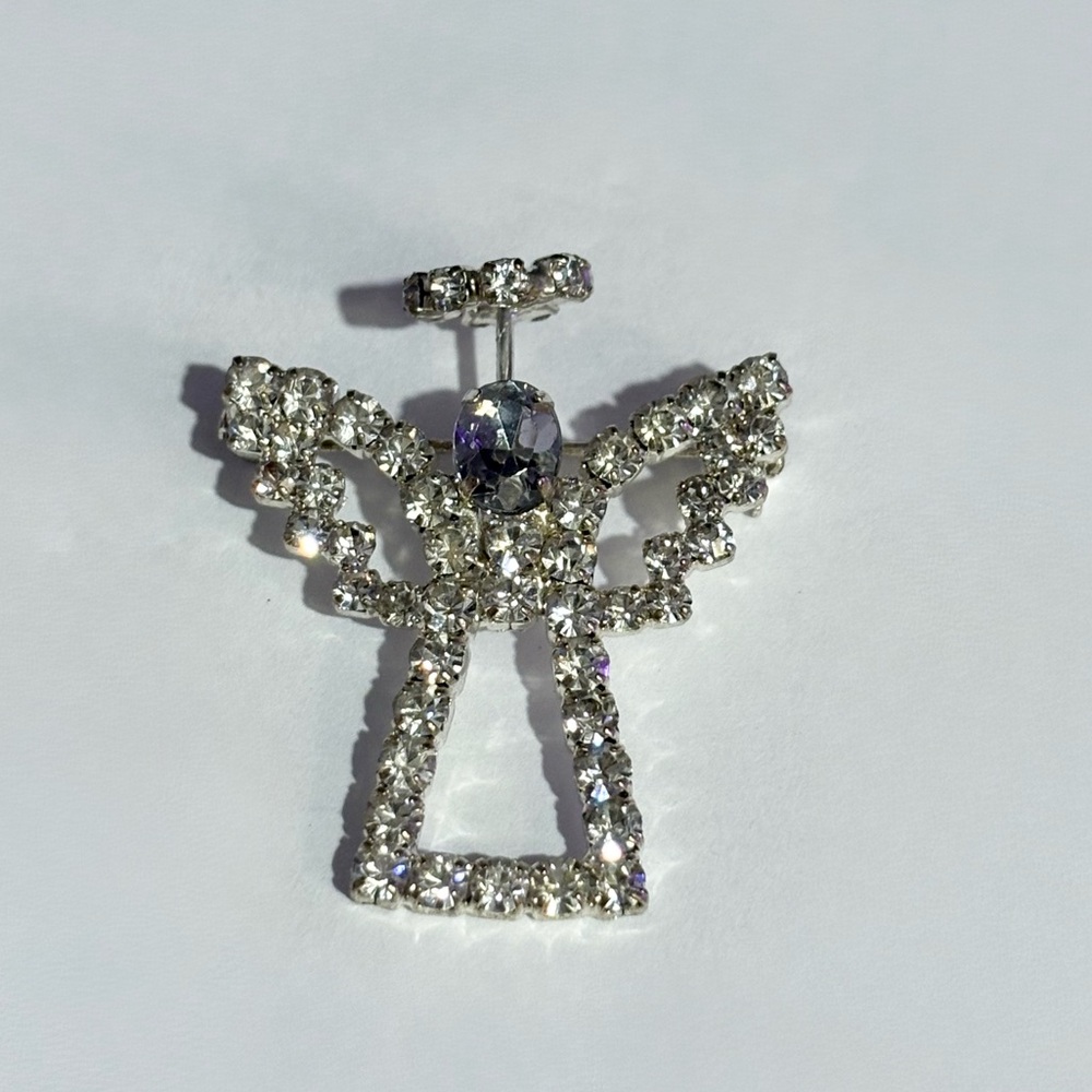 Vintage Prong Set Rhinestone Silver Tone Angel Brooch
